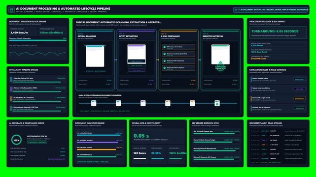 AI Automated Document Processing and OCR Pipeline Dashboard Interface Animation on Green Screen