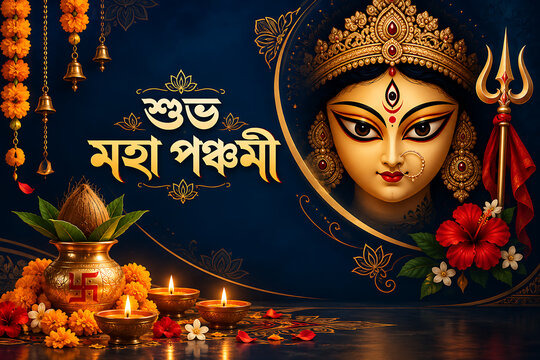 Goddess durga face with golden crown, trident, kalash and lamps on navy background for maha panchami, durga puja and navratri festival greetings