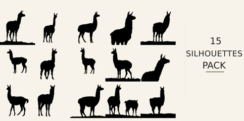 Fototapeta premium Llama Standing Silhouette - Close Up View Minimal Silhouette Style Black Vector Clipart on White Background