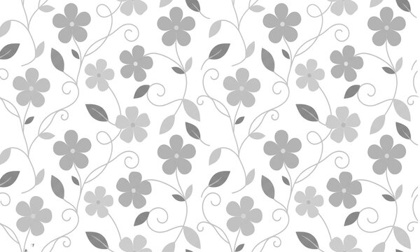 Seamless floral pattern with grey flowers, leaves, and swirls isolated on transparent background