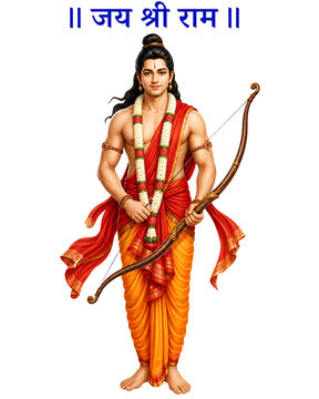 Traditional Hindu Lord Rama Holding Bow with Jai Shri Ram Devotional Text Isolated on Transparent Background