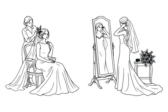 Bride preparing for her wedding day getting hair styled and looking in the mirror