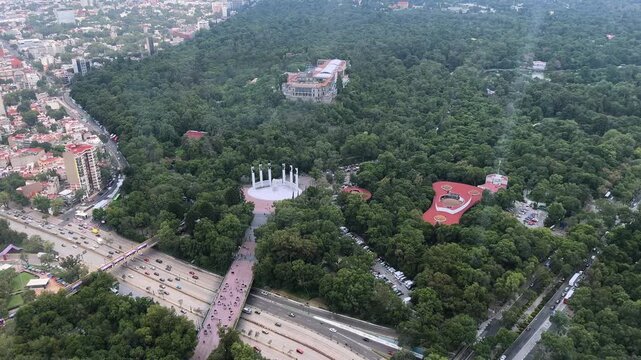 Aerial view of Chapultepec forest and Mexico City urban landscape tourist attraction