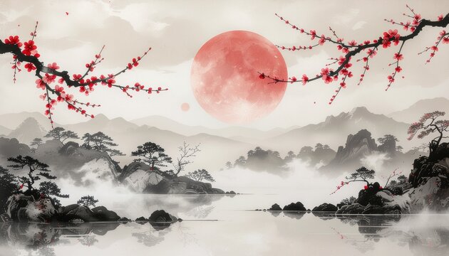 Traditional ink wash landscape with misty mountains a red moon and plum branches