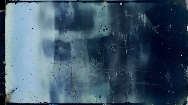 Abstract blue film grain texture with vintage light leaks and distressed grunge overlay