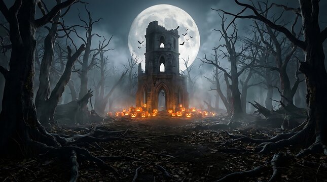 Eerie stone tower stands abandoned within a dark twisted forest under a massive glowing full moon while illuminated by many bright flickering orange jack o lanterns