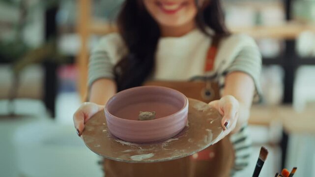 Happy young Asian woman proudly showing handmade ceramic bowl decorated with cute cat face in pottery workshop, creative artist presenting finished craft, pottery design