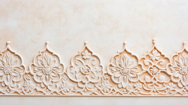 Atmospheric View of Moroccan carved plaster wall with arabesque floral patterns M