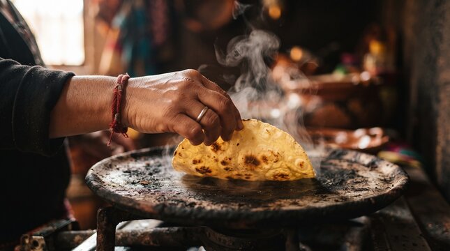 Hand turning tortilla on comal for Mexican food