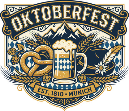 Oktoberfest vector logo badge with beer mug, pretzel, and traditional Bavarian patterns