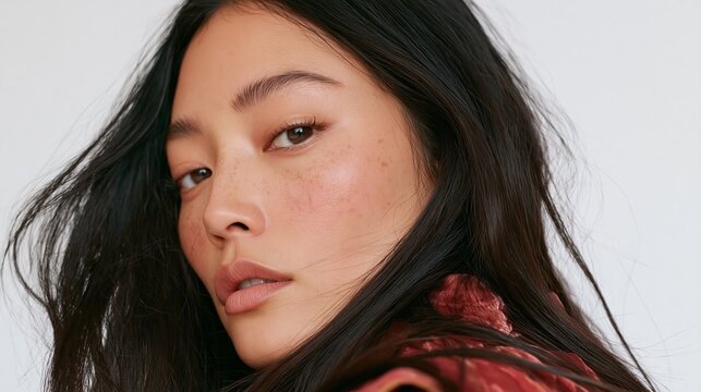 Asian woman with freckles gazing directly at camera in studio