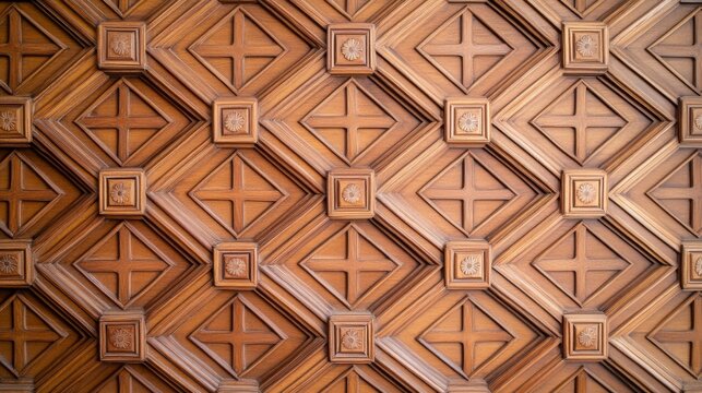 Atmospheric View of Moroccan geometric ceiling with carved cedar panels luxury cr