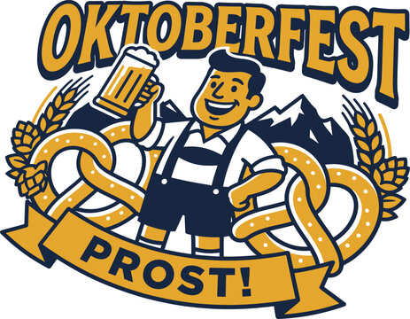 Oktoberfest vector logo with smiling man holding beer mug and pretzels
