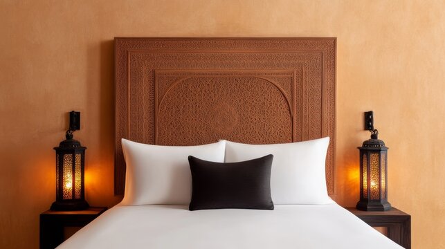 Atmospheric View of Moroccan luxury bedroom with carved headboard and lanterns Mo
