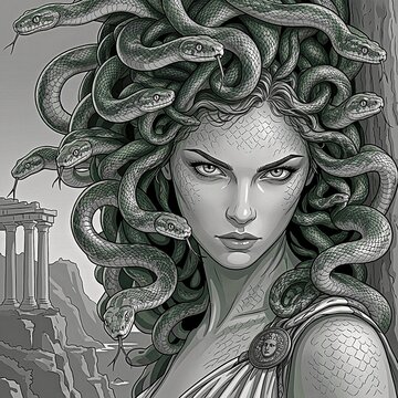 Medusa with serpents for hair against Greek temple ruins.
