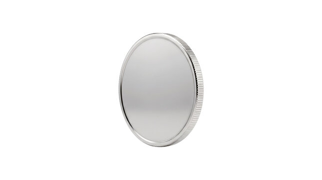 Metallic silver coin mockup, blank round platinum token with smooth surface, shiny chrome circular disc for currency design and branding isolated PNG with Transparent Background