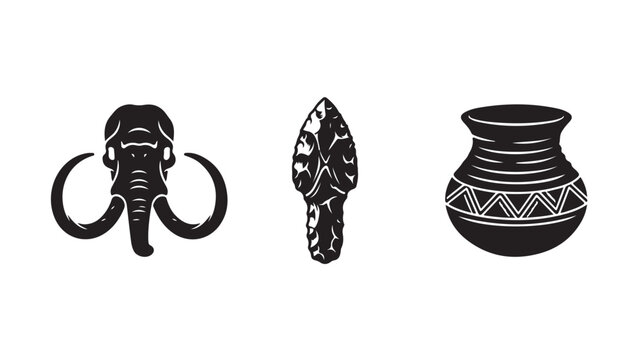 Minimalist black prehistoric vector set featuring mammoth skull arrowhead and pottery jar