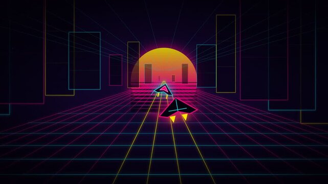 Retro futuristic cityscape with neon grid lines and a glowing sunset, featuring two triangular spaceships racing forward. This image evokes a sense of 80s nostalgia and digital adventure.