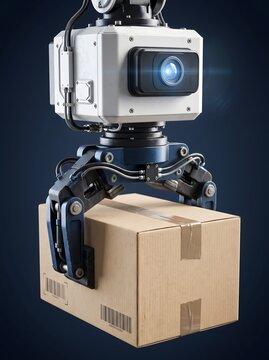 Industrial robotic arm holding brown cardboard box for automated logistics.