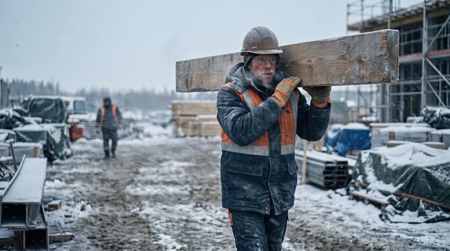 a construction worker wearing winter gear and a safety helmet carrying a large wooden on a snowy building site