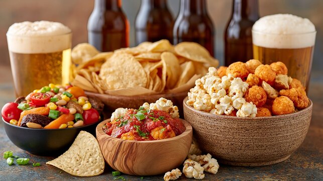 Beer and snacks spread on rustic wooden table for game day
