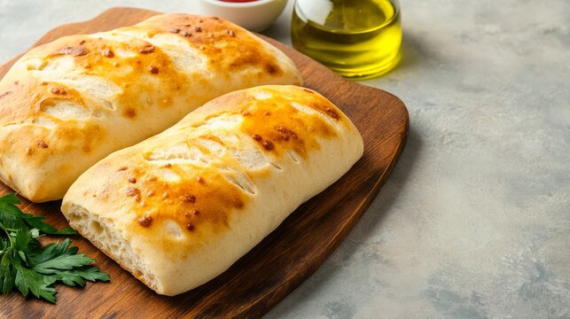 Authentic Moroccan Detail Featuring Moroccan traditional bread on wooden board with olive oil rus