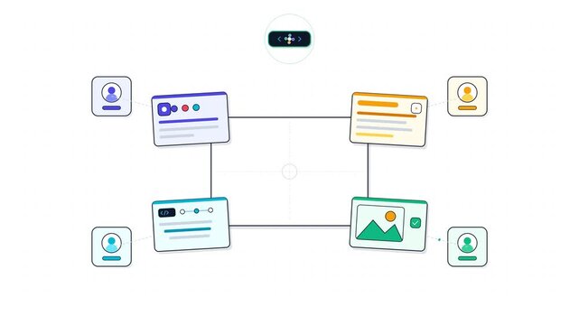 Motion Graphics Animation of UI Modular Cards and User Avatars Merging into Central Dashboard Layout