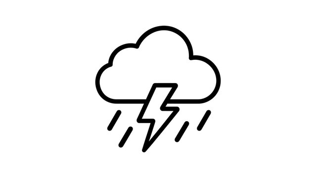 Black outline thunderstorm cloud icon featuring lightning and rain drops.