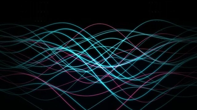 Abstract cybernetic data stream with glowing blue and pink digital waves composed of tiny connected dots moving across a dark black background in widescreen format
