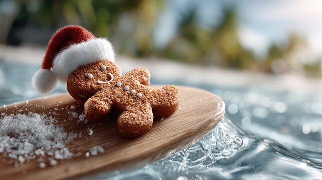 Gingerbread man wearing a festive santa hat enjoying a tropical christmas vacation. Lounging on a wooden board with white sugar simulating snow by ocean waves