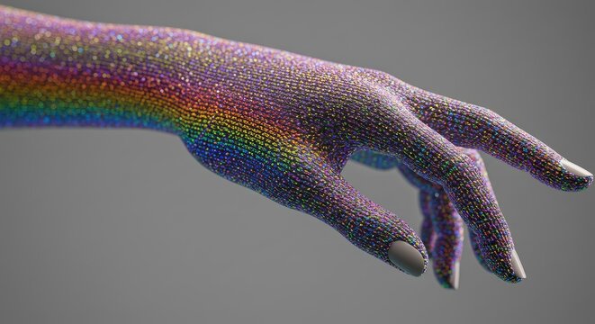 Glowing pixelated 3D hand with rainbow gradient texture and metallic details