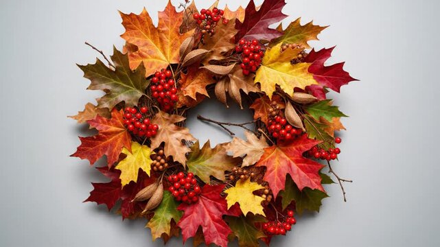 Hand placing a maple leaf on an autumnal fall wreath arrangement with berries and neutral background for seasonal decor.
