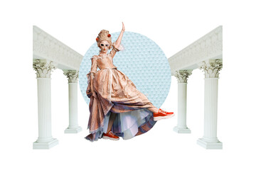 Obraz premium Exclusive art banner collage of happy cool duchess girl wear elegant dress wig column castle party architecture royal celebration