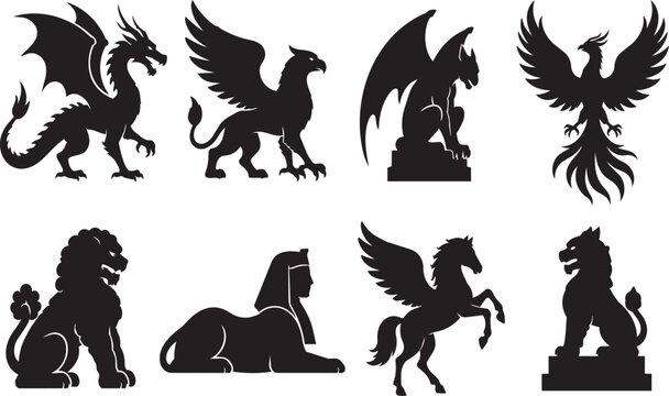 Set of black vector silhouettes of mythical creatures including dragons, griffins, gargoyles, phoenixes, lions, sphinxes, pegasus and ancient beasts for fantasy art and heraldic logo design