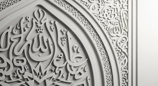 Intricate Arabic calligraphy relief carving displays traditional religious inscriptions within an ornate architectural archway featuring fine sculptural craftsmanship and historical cultural