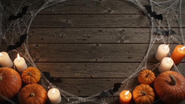 Halloween Border with Pumpkins, Candles, Spider Webs and Bats &ndash; Dark Wooden Background