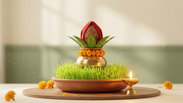Navratri &ndash; Ghatasthapana Brass Kalash with Mango Leaves and Barley Sprouts Festive Banner.