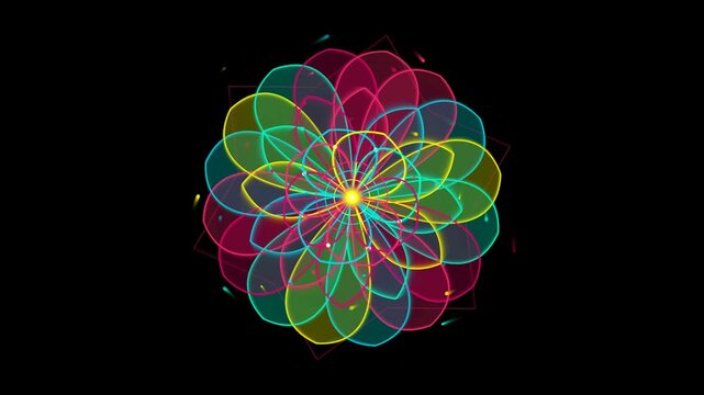 Complex layered multicolor floral mandala pattern with glowing center and overlapping translucent petals