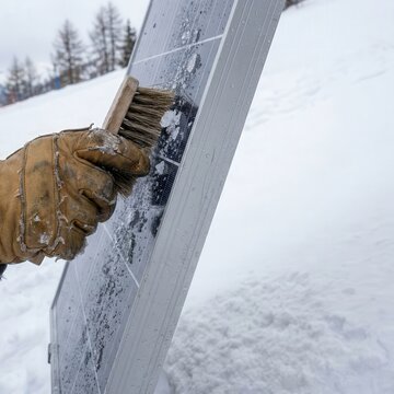 Gloved hand brushing frost from a solar panel with a wooden brush against snowy mountain landscape and winter trees outdoors