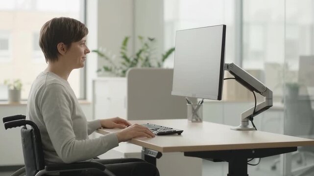 Person in wheelchair adjusting monitor position on desk in office