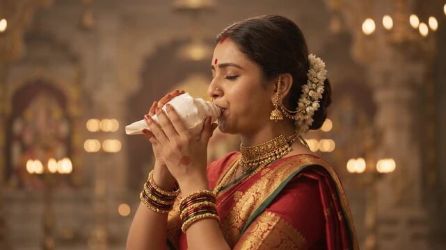Indian woman blowing conch shell in traditional saree for pitru paksha and shubho mahalaya rituals before durga puja and navratri festival celebrations