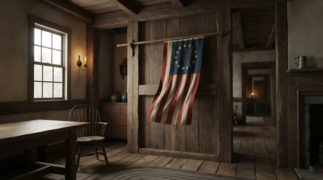 Rustic interior of a historic colonial home featuring a hanging 13 colonies flag on a wooden wall panel