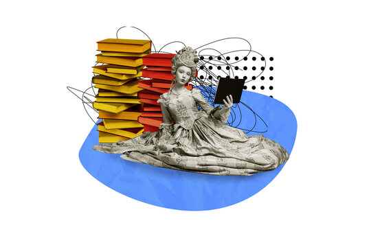Exclusive art banner collage of serious victorian girl hold book education bookworm hobby renaissance royal countess student