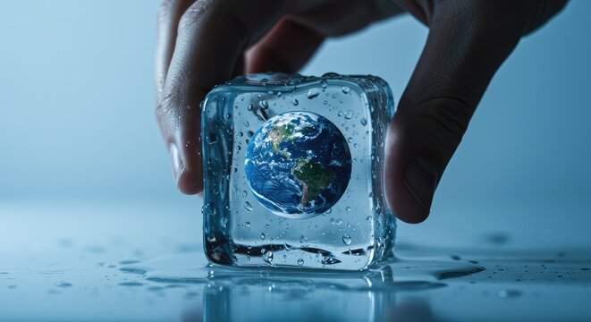 Hand holding melting ice cube with Earth inside symbolizing climate change