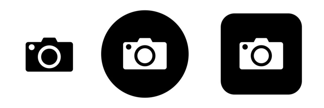Camera icon set with take picture and capture photo symbols. Photography icons for shooting tools, camera apps and web interfaces