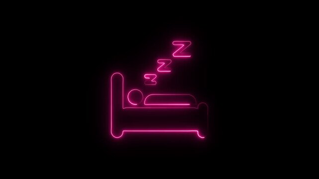Flicker neon vedio pink neon sleeping person icon on black background a glowing line art of a in bed with zzz sleep symbols against solid bed sign glowing rest