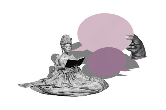 Composite art 3d creative image collage of serious girl princess hold book novel reader hand tip bubble communication icon