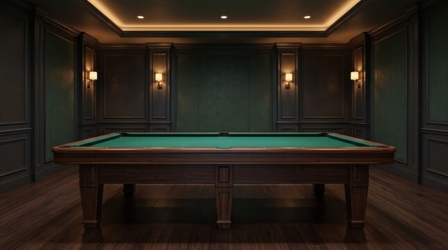 Empty luxury billiard room with a classic wooden pool table, green felt and elegant dark interior, representing leisure, entertainment, recreation and premium club settings