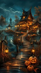 Fototapeta premium Haunted Halloween cabin glowing beside a misty swamp boardwalk