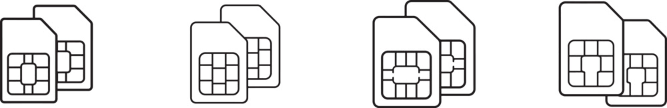 Dual SIM card icon set, black and white vector symbols for phones, telecom and mobile connectivity.!